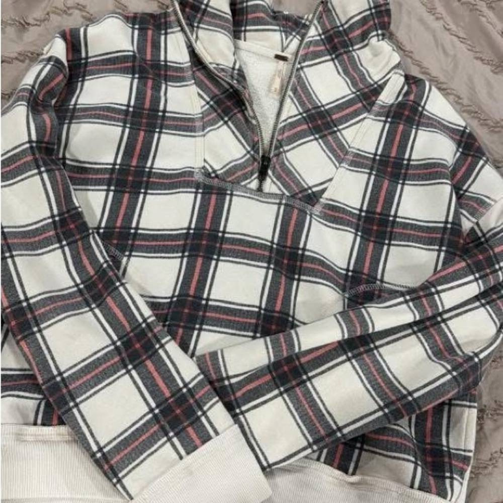 Free People Plaid Crew Neck Sweater - Black, White, Red